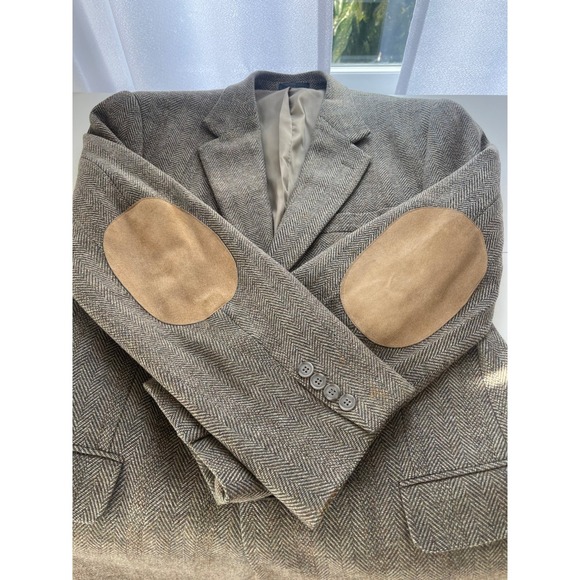 LA CROSSE Men's 40R Brown Herringbone Wool Tweed Blazer Jacket Elbow Patches - Picture 8 of 12